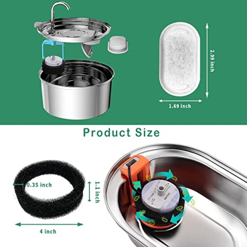 고양이 분수 필터(12+12개), 3.2L/108온스(2L/67온스)용 교체 필터 스테인레스 스틸 애완동물 분수, 고양이 분수, 12개 탄소 필터 + 12개 스폰지