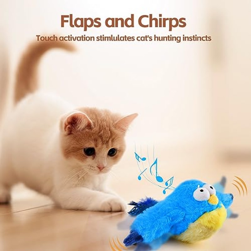 LIFLIX 대화형 고양이 장난감, 실내 고양이용 개박하가 포함된 충전식 지저귀는 날개짓 새(날지 않음), 터치 활성화, 봉제 고양이 운동 장난감(파랑새)
