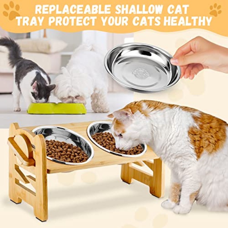 고양이 요리, 12개 스테인레스 스틸 고양이 그릇 얕은 새끼 고양이 음식과 물 그릇 수염 친화적인 금속 고양이 요리 교체용 기본 애완 동물 접시 높은 스탠드, 식기 세척기 사용 가능(직경 5.5인치)