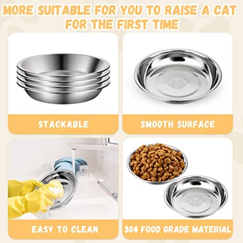 고양이 요리, 12개 스테인레스 스틸 고양이 그릇 얕은 새끼 고양이 음식과 물 그릇 수염 친화적인 금속 고양이 요리 교체용 기본 애완 동물 접시 높은 스탠드, 식기 세척기 사용 가능(직경 5.5인치)