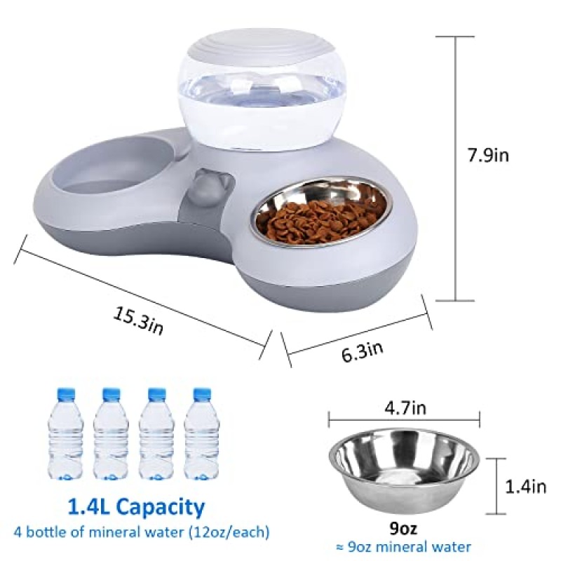 SubClap 이중 고양이 그릇, 15° 기울어진 애완동물 먹이 및 물 그릇 세트, 자동 물 디스펜서가 있는 스테인레스 스틸 고양이 그릇, 고양이와 소형견을 위한 자동 중력 초승달 급수기 급수 그릇