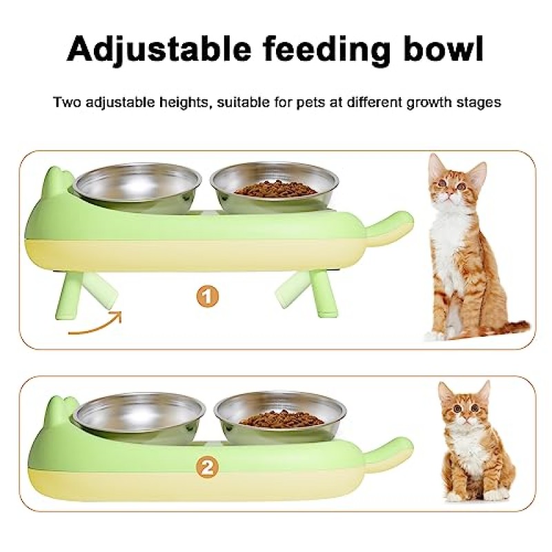 Mocate 높이 및 기울어진 고양이 그릇 세트, 18온스 대형 스테인레스 스틸 음식 및 물 그릇 *2, 플라스틱 미끄럼 방지 그릇 스탠드 및 유출 방지 필터 구멍 포함, 높이 및 안정을 위한 조절 가능한 다리 4개, 녹색