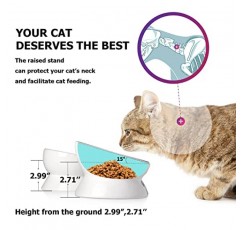 Y YHY 고양이 먹이 그릇, 음식과 물을 위해 높게 기울어져 있고, 눈금 표시가 있는 고양이 그릇 2개 세트, 얼굴이 편평한 고양이와 소형견용 - 12/16 OZ 세라믹