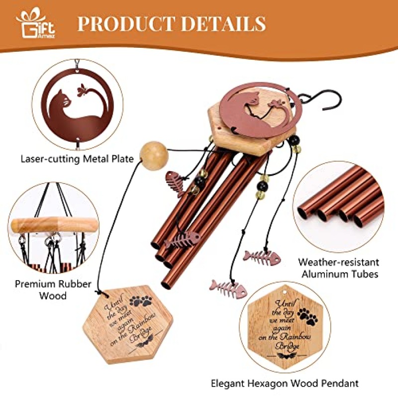 GiftAmaz 고양이 애완 동물 기념 바람 차임, 애완 동물 소유자를위한 24 인치 애완 동물 동정 바람 종소리 기념 선물, 애완 동물 손실 선물, 야외 정원 파티오 베란다 장식을위한 고양이 기억 선물
