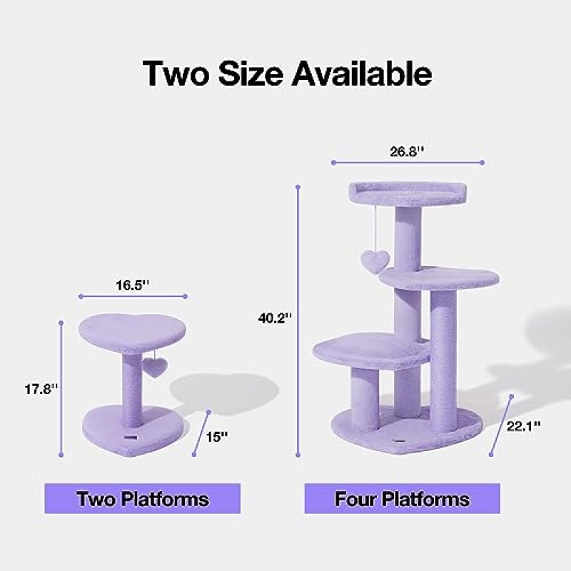 VETRESKA 17.8인치 실내 고양이용 캣타워, 하트 모양의 플랫폼, 황마 사이잘로 덮인 긁는 기둥, 푹신한 농어, 소형 및 대형 고양이용 볼이 있는 다단계 고양이 가구, 보라색