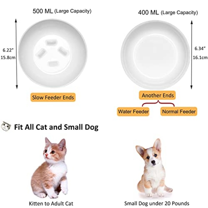 Wellbro 제기 느린 공급 장치 고양이 그릇, 세라믹 높은 고양이 느린 공급 장치, 건식 습식 고양이 사료, 역류 방지, 식기 세척용 제기 고양이 접시