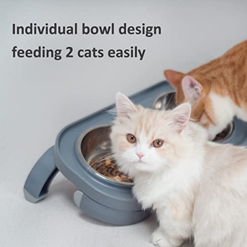 MOCATE 제기 고양이 및 개 그릇, 스테인레스 스틸 음식 및 물 그릇 2개(2 * 12oz), 조정 가능한 미끄럼 방지 플라스틱 스탠드가 포함된 높고 기울어진 애완 동물 먹이 그릇 세트