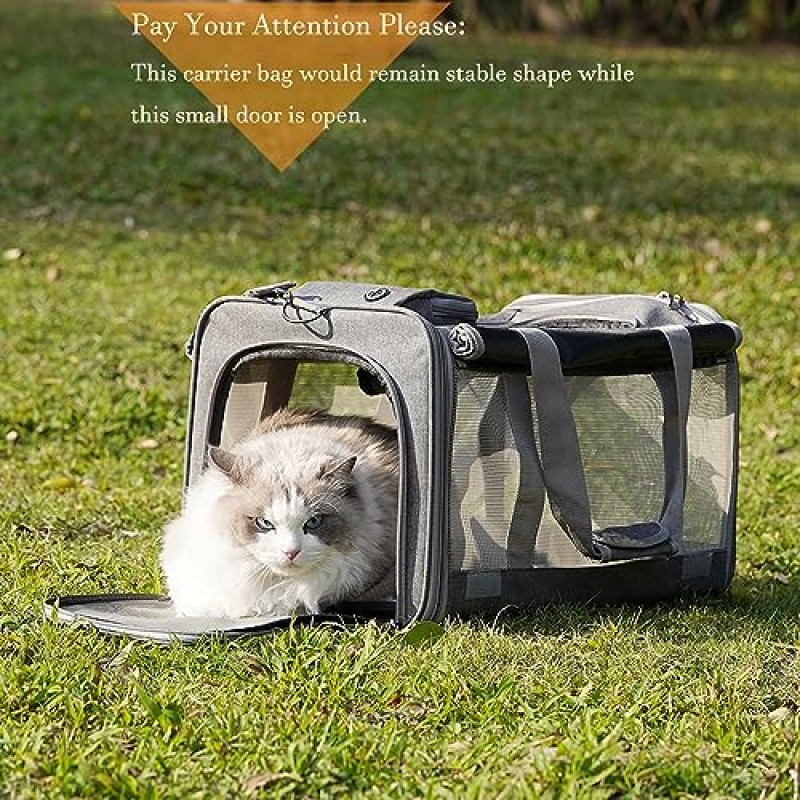 H.S.C PET 회색 대형 고양이 캐리어 여행용 강아지용 부드러운 면, 360도 - 통풍이 잘되는 메쉬 창 5개, 커튼 2개, 20파운드 강아지/23파운드 고양이 또는 새끼 고양이(대형, 회색)