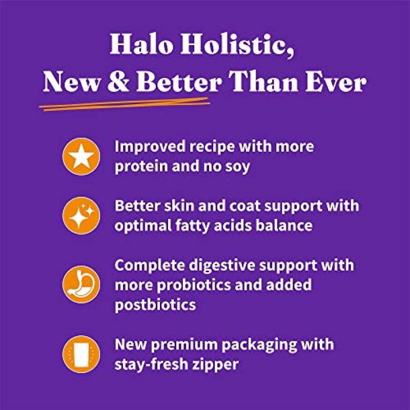 Halo Holistic 실내 고양이 사료 건강한 체중 지원을 위한 건식 곡물 프리 케이지 프리 치킨 레시피, 완전한 소화 건강, 건식 고양이 사료 가방, 성인용 포뮬러, 6파운드 가방