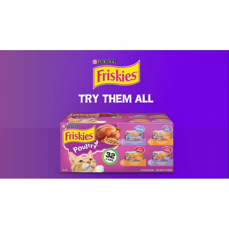 Purina Friskies 습식 고양이 사료 버라이어티 팩, Fish-A-Licious 조각, 프라임 필레 및 맛있는 보물 - (32) 5.5 oz. 캔