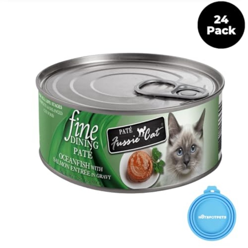 Fussie Cat Fine Dining 페이트 통조림 습식 식품 - 2.8 Oz. 캔, HS 캔 뚜껑이 있는 캔 24개 묶음 팩(해양고기 및 연어)