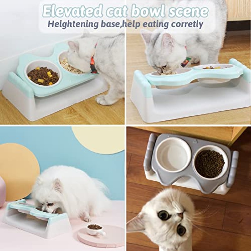 Kathson 높은 고양이 밥그릇, 높은 고양이 급식기 15° 기울어진 고양이 사료 및 물그릇 미끄럼 방지 및 흘리지 않는 강아지 접시(녹색)