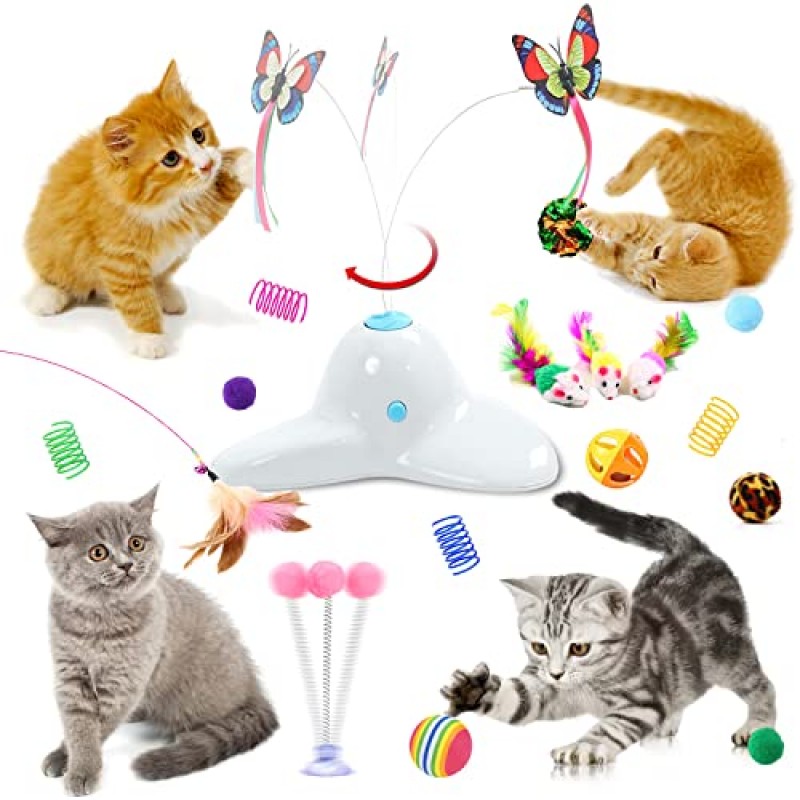 18 PCS 고양이 장난감, 고양이 놀이 공과 실내 고양이를위한 대화 형 자동 나비 고양이 장난감 다채로운 마우스 봄 장난감 깃털 지팡이, 새끼 고양이 18 팩 장난감 선물