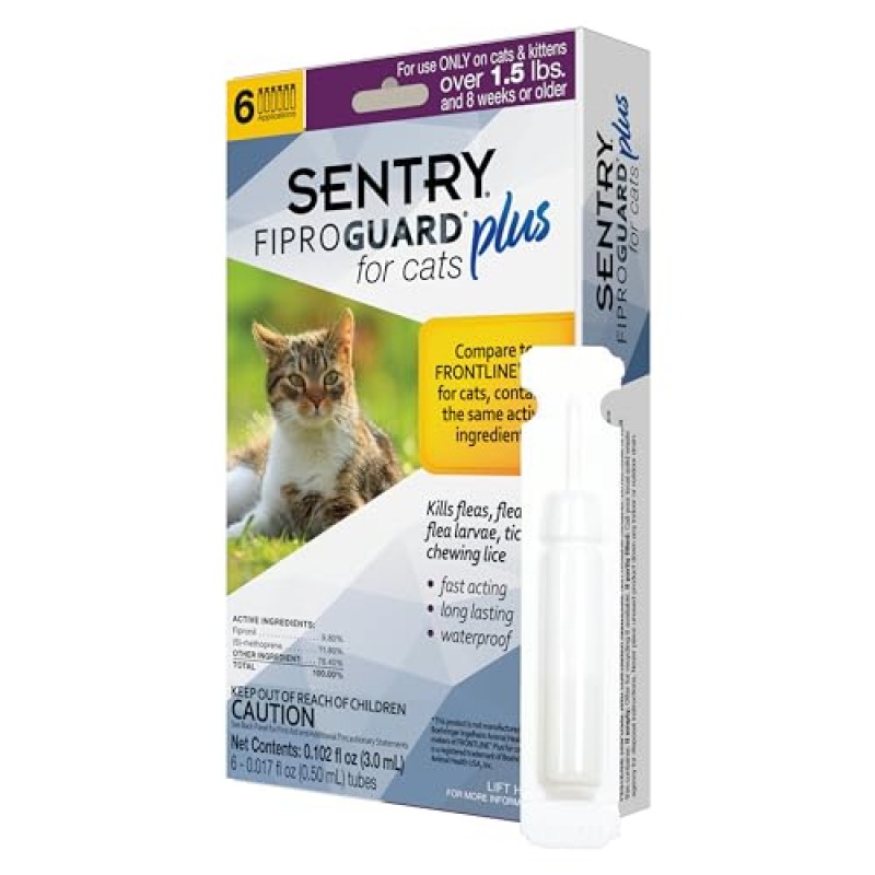 SENTRY Fiproguard Plus 고양이용 벼룩 및 진드기 국소, 1.5파운드 이상, 6개월분