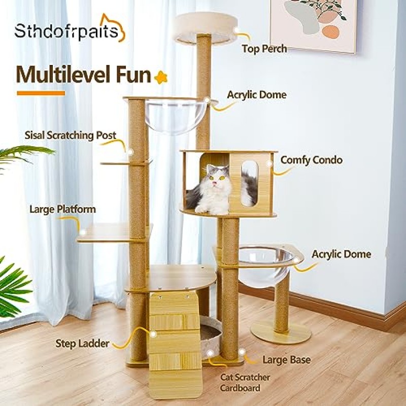 Sthdofrpaits 실내 고양이를 위한 현대식 나무 고양이 나무 타워 57인치, 사이잘삼 긁기 포스트, 이중 아크릴 돔, 계단 사다리, 고양이 놀이 및 휴식을 위한 대형 농어가 있는 다단계 키 큰 고양이 집 콘도 000223