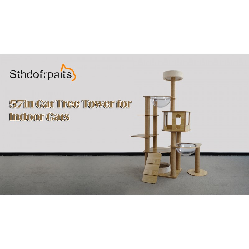 Sthdofrpaits 실내 고양이를 위한 현대식 나무 고양이 나무 타워 57인치, 사이잘삼 긁기 포스트, 이중 아크릴 돔, 계단 사다리, 고양이 놀이 및 휴식을 위한 대형 농어가 있는 다단계 키 큰 고양이 집 콘도 000223