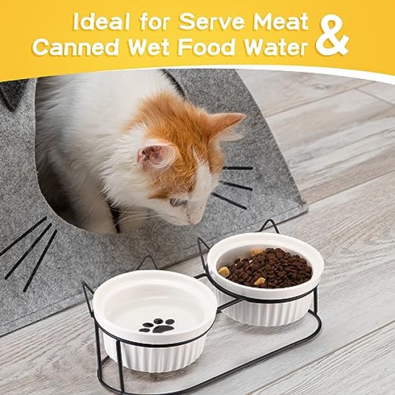 Mumufy 6개 고양이 그릇 수염 친화적인 세트 4개 포함 15° 기울어진 구토 방지 세라믹 고양이 접시 2개 스탠드 녹 방지 금속 10oz 높은 고양이 먹이 물그릇 실내 고양이 강아지용 미끄럼 방지
