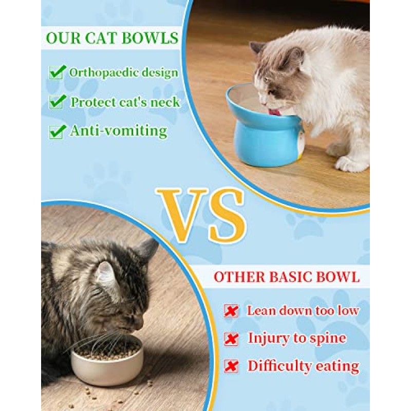 Kechuntech 고가 고양이 밥그릇 - 기울어진 세라믹 고양이 그릇, 고양이와 소형견을 위한 귀여운 애완동물 급식기, 수염 피로 방지, 2개 세트