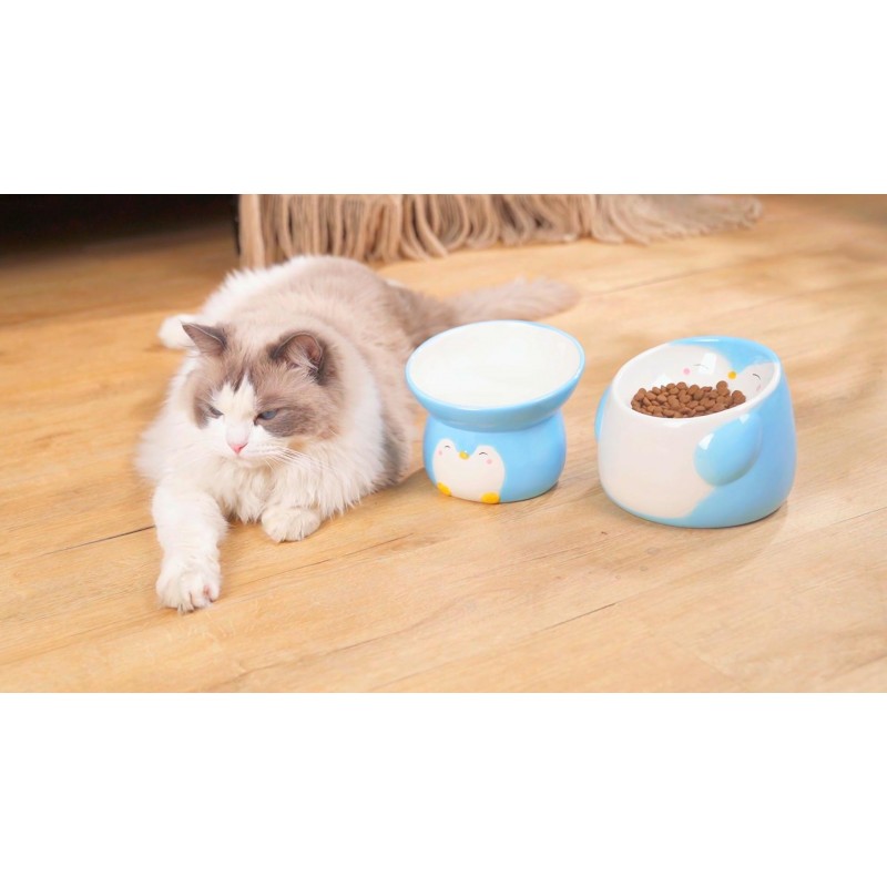 Kechuntech 고가 고양이 밥그릇 - 기울어진 세라믹 고양이 그릇, 고양이와 소형견을 위한 귀여운 애완동물 급식기, 수염 피로 방지, 2개 세트