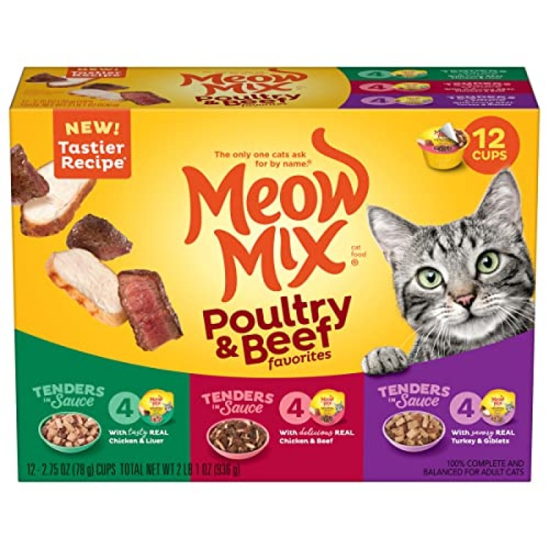 Meow Mix Tender Favorites 습식 고양이 사료, 가금류 및 쇠고기 다양한 팩, 2.75온스 컵(48팩)(포장은 다를 수 있음)