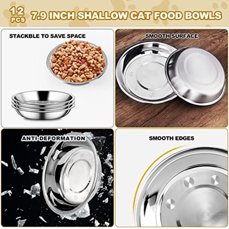 12 Pcs 스테인레스 스틸 고양이 그릇 얕은 고양이 먹이 그릇, 교체 수염 피로 회복 고양이 먹이 접시 높은 스탠드, 작은 개와 고양이를위한 금속 음식 및 물 접시 (직경 7.9 인치)