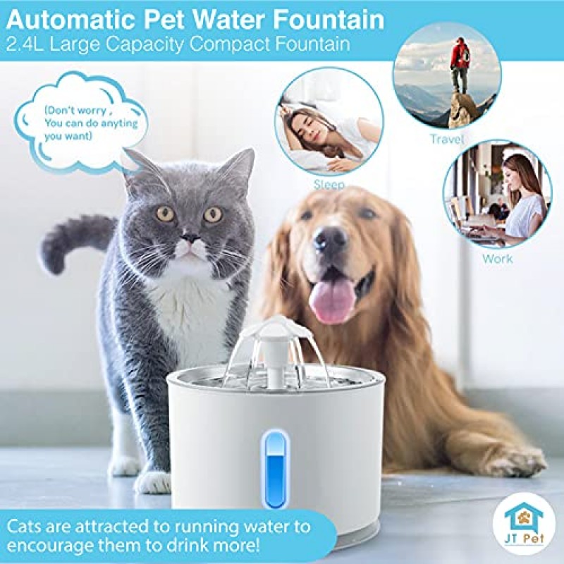 스테인레스 스틸 고양이 분수 물 그릇 | 개와 고양이에게 딱 맞습니다 | 자동 차단 | 2.4L 용량 | 교체 필터 3개와 저소음 펌프 포함 | LED 조명 | 당신의 애완동물은 이제 물 마시는 것을 좋아하게 될 것입니다