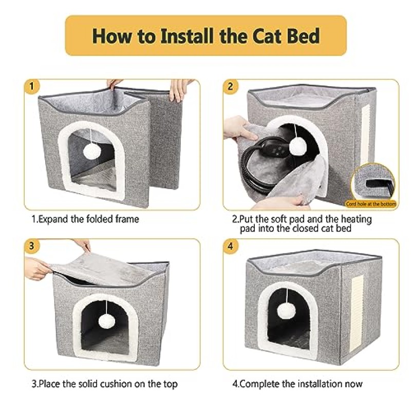 실내 고양이를 위한 온열 고양이 침대, 고양이를 위한 이동식 난방 패드가 있는 접이식 고양이 집 스크래치 패드가 있는 작은 개 덮힌 고양이 침대 동굴 키티 은신처, 올 시즌 사용