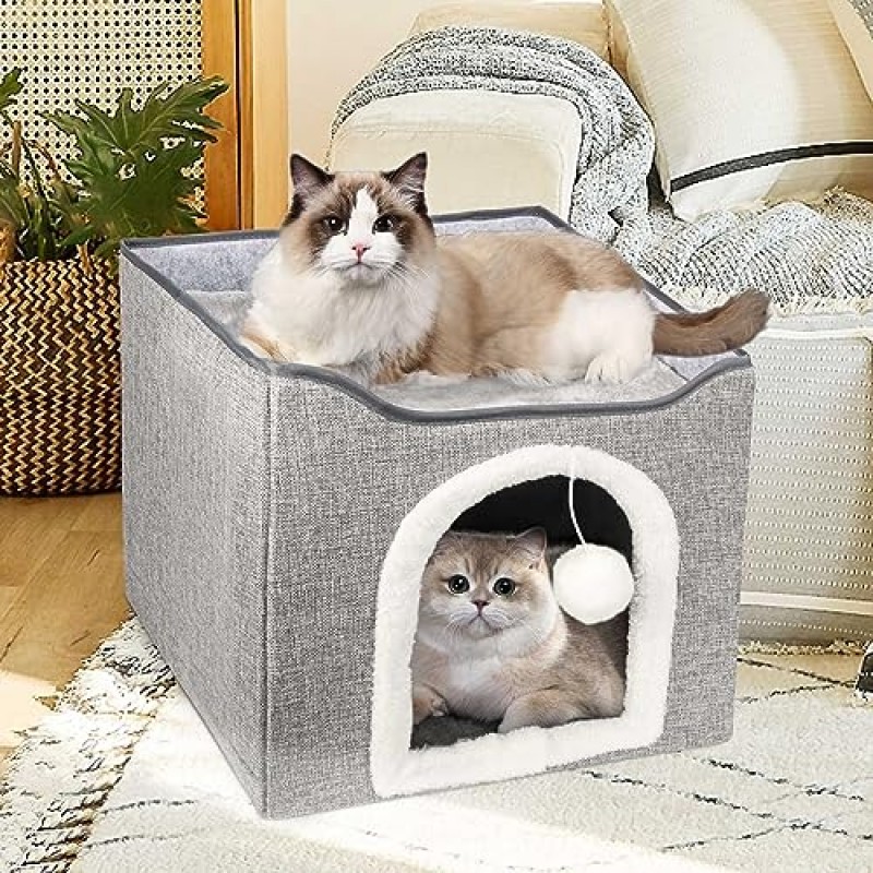 실내 고양이를 위한 온열 고양이 침대, 고양이를 위한 이동식 난방 패드가 있는 접이식 고양이 집 스크래치 패드가 있는 작은 개 덮힌 고양이 침대 동굴 키티 은신처, 올 시즌 사용