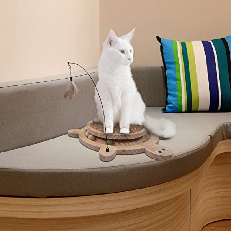 Petest Cat Scratcher Board 대화형 장난감과 개박하 공이 있는 천연 사이잘삼 고양이 스크래치 매트, 고양이 장난감 롤러가 있는 고양이 긁는 패드, 거북이 디자인