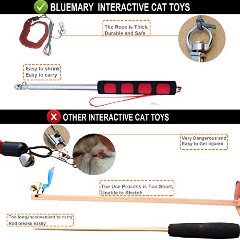 블루메리 고양이 장난감, 2개 고양이 지팡이 장난감 및 깃털 티저가 포함된 4개 무지개 고양이 끈 장난감, 실내용 대화형 고양이 장난감, 새끼 고양이 또는 고양이를 위한 재미있는 운동