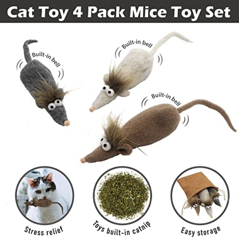 Jumpaws 4 팩 자연 대화 형 Catnip 고양이 장난감 마우스 세트, 실내 고양이 용 액세서리, 고양이 베개 장난감, Catnip 플러시 장난감 값 세트