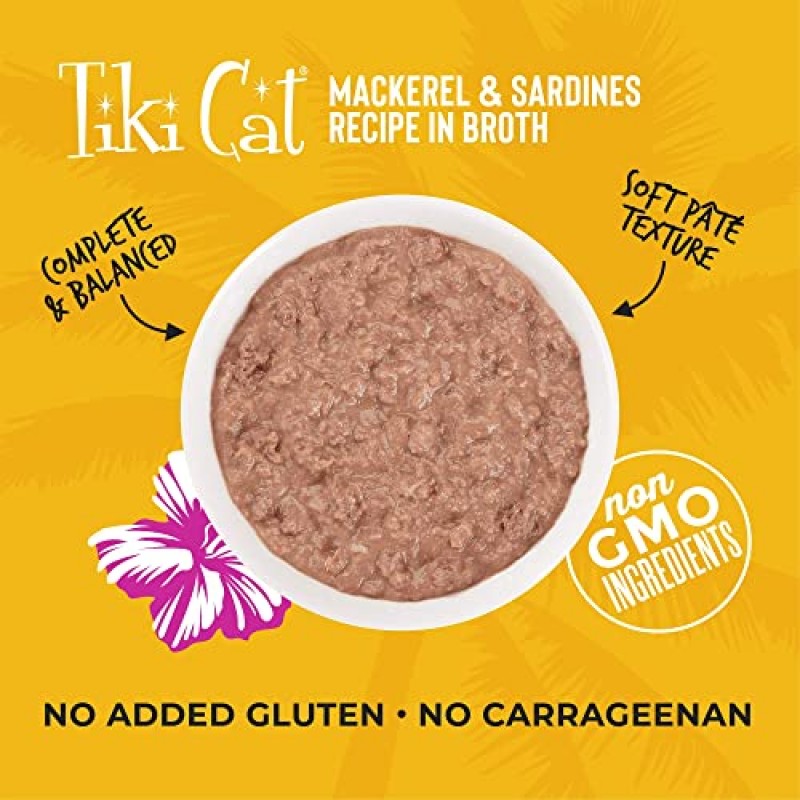 Tiki Cat Grill Pâté, 고등어 및 정어리, 고단백질 및 100% 비 GMO 성분, 모든 연령대를 위한 습식 잘게 다진 고양이 사료, 2.8 oz. 캔(12개입)