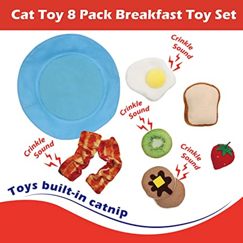 Jumpaws 8개 모음 팩 천연 대화형 캣닙 고양이 장난감 아침 식사 값 세트, 크링클 장난감, 실내 고양이용 액세서리, 캣닙 플러시 장난감, 새끼 고양이 장난감