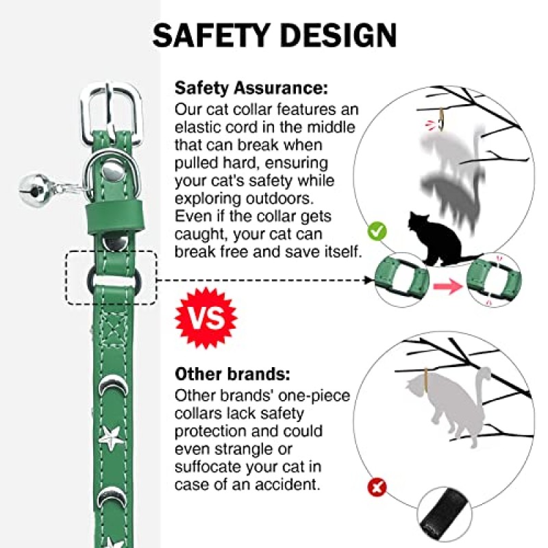 벨과 안전 탄성 벨트, 맞춤형 별과 달 스터드가있는 소년 소녀 고양이를위한 DILLYBUD 가죽 고양이 목걸이 키티 작은 큰 고양이 크기 7-9 인치를위한 조절 가능한 안전 버클 칼라