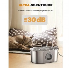 고양이 분수, SOOFPET 108oz/3.2L 스테인레스 스틸 애완 동물 분수, 개 물 디스펜서, 수위 창이 있는 고양이용 분수, 조용한 펌프, 6pcs 탄소 필터 + 3pcs 스폰지 포함
