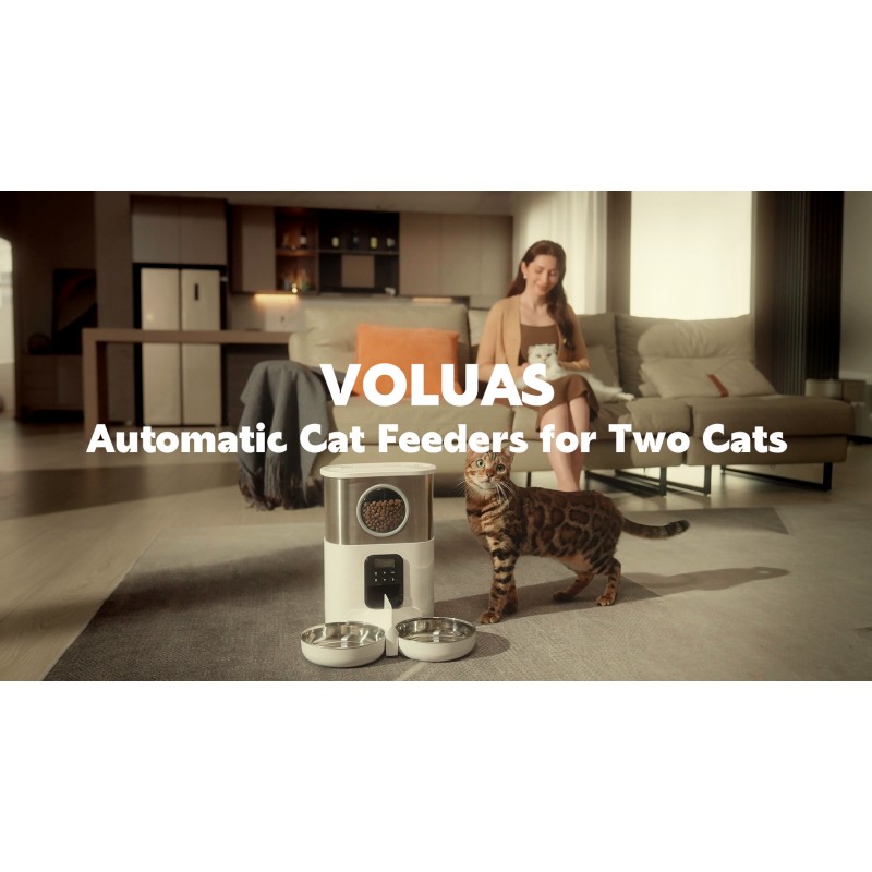 VOLUAS 두 마리의 고양이를 위한 자동 고양이 급식기, 고양이와 개를 위한 애완 동물 급식기 시간 제한 고양이 급식기 애완 동물 건조 식품 디스펜서, 흰색