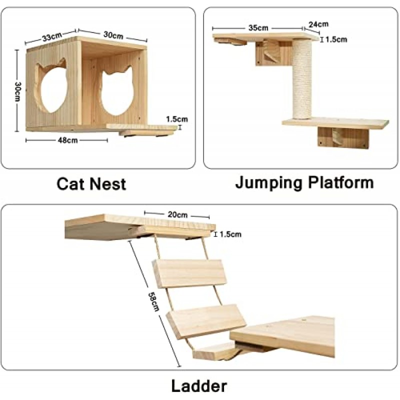 고양이 벽 선반, 고양이 벽 선반 및 벽용 농어, 고양이 벽 가구 세트 5 PCS 고양이 벽 장착형 고양이 콘도 하우스 1개, 고양이 벽 선반 2개, 고양이 사이잘 긁는 기둥 1개, 사다리 1개