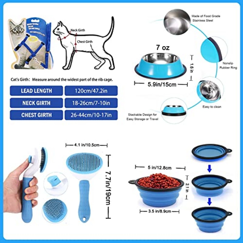 Lobeve Kitten Supplies 스타터 키트 - 고양이 필수품 및 고양이 용품 30개 세트. 고양이 배변 상자, 장난감, 침대, 캐리어, 그릇, 브러시 등이 포함되어 있습니다. 새로운 Cat-Blue를 위한 완벽한 환영 선물