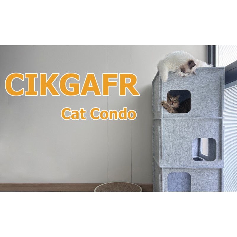 CIKGAFR 3층 펠트 고양이 집 고양이 콘도 - 다목적 까꿍 고양이 동굴 및 고양이 침대 - 미로 같은 디자인의 내구성 있고 재미있는 실내 고양이 은신처 - 고양이 큐브, 고양이 은신처, 16.9x16.9x39.5인치, 회색