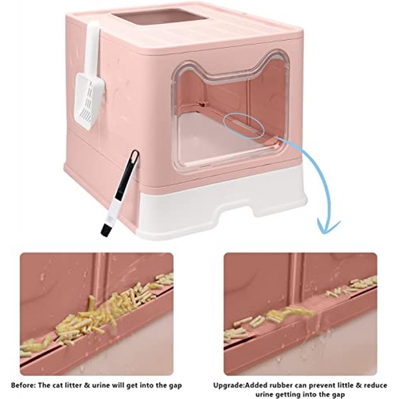 뚜껑이 있는 접이식 고양이 배변 상자, 밀폐형 고양이 변기, 상단 입구 튀는 방지 고양이 변기, 고양이 배설 국자 및 2-1 청소 브러시(분홍색) 포함, 청소가 용이함, 대형