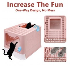 뚜껑이 있는 접이식 고양이 배변 상자, 밀폐형 고양이 변기, 상단 입구 튀는 방지 고양이 변기, 고양이 배설 국자 및 2-1 청소 브러시(분홍색) 포함, 청소가 용이함, 대형