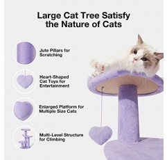 보라색 하트 모양의 플랫폼이 있는 실내 고양이를 위한 VETRESKA 40인치 캣 트리 캣 타워, 황마 사이잘로 덮인 긁는 포스트, 크고 작은 고양이를 위한 매달려 있는 공이 있는 다단계 고양이 가구, 보라색