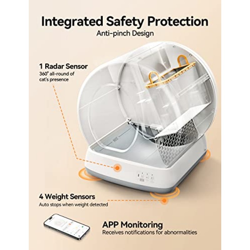 MeoWant 자체 청소 고양이 쓰레기 상자, 통합 안전 보호 다중 고양이용 자동 고양이 쓰레기 상자, 초대형/냄새 차단/APP 제어 매트 및 라이너가 포함된 스마트 고양이 쓰레기 상자