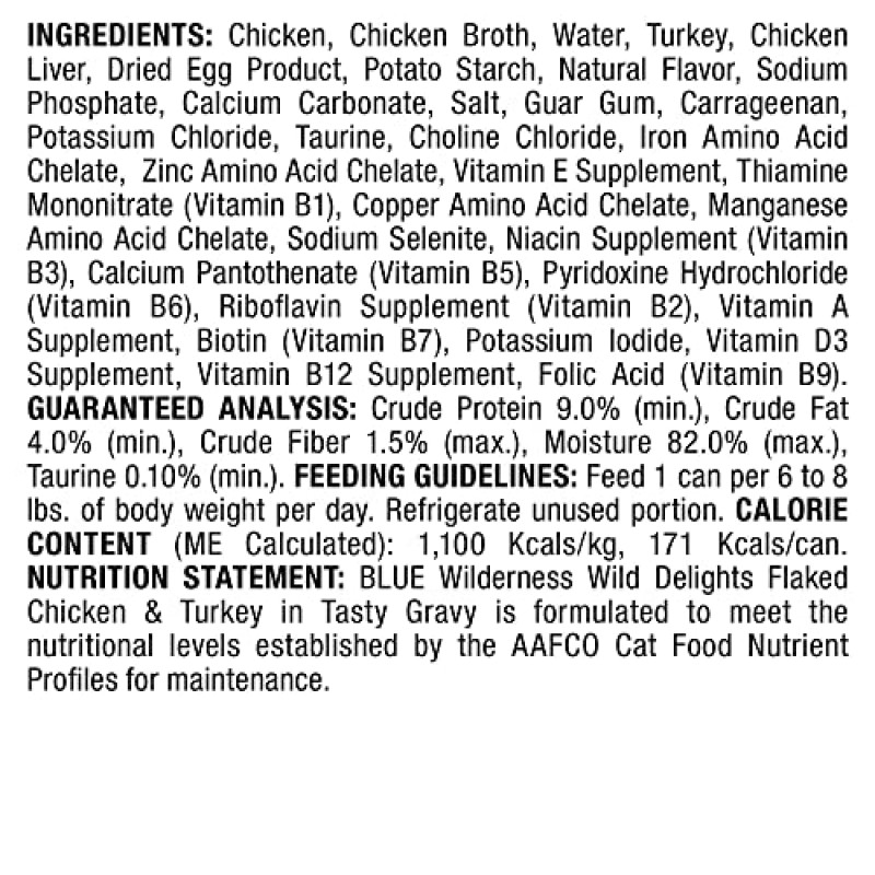 Blue Buffalo Wilderness Wild Delights 고단백 곡물 없음, 천연 성인 플레이크 습식 고양이 사료, 닭고기 및 칠면조 5.5온스 캔(24팩)