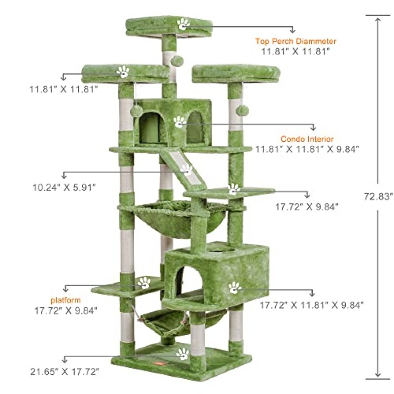 Heybly 고양이 나무, 대형 고양이를 위한 73인치 높이의 캣타워 실내 고양이를 위한 20파운드 헤비 듀티, 패딩 처리된 봉제 농어, 아늑한 바구니 및 긁는 기둥이 있는 대형 고양이 가구 콘도 녹색 HCT030GR