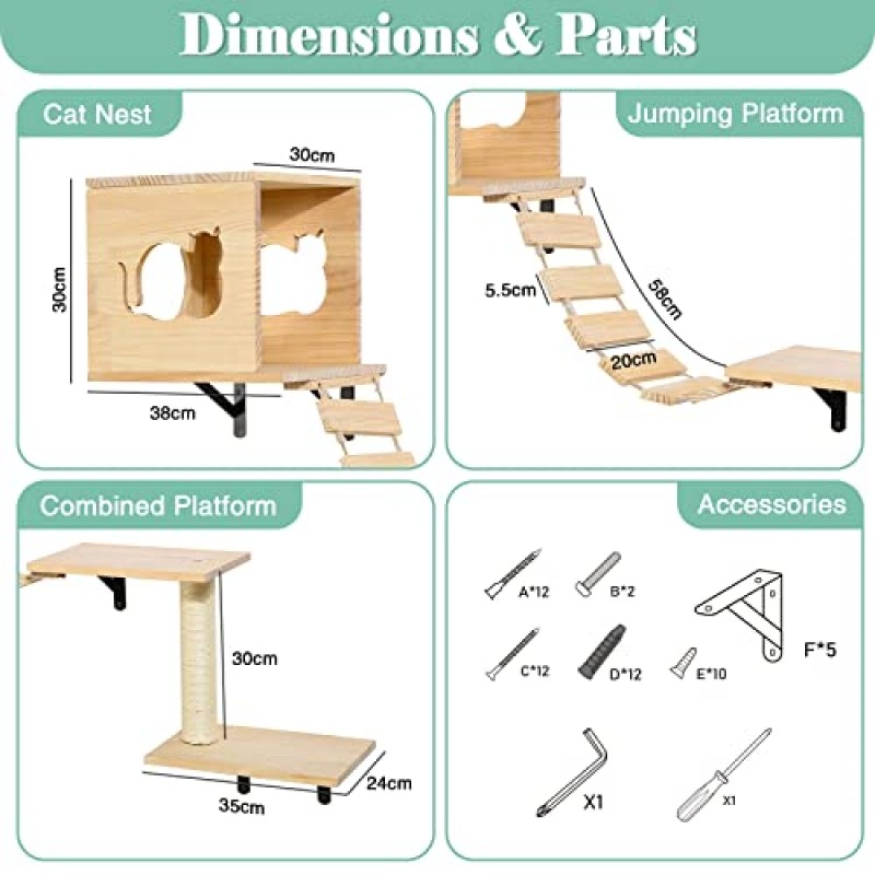 LONINAK 고양이 벽 선반, 벽용 고양이 선반, 고양이 벽 가구-고양이 콘도 하우스 1개, 고양이 벽 선반 2개, 고양이 긁기 포스트 1개, 고양이 다리 사다리 1개, 고양이 선반 시스템, 고양이 벽걸이형