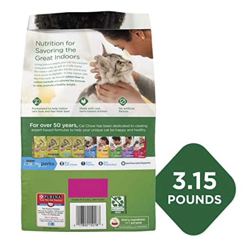 Purina Cat Chow 실내 건식 고양이 사료, 헤어볼 + 건강 체중 - (4) 3.15 lb. 가방