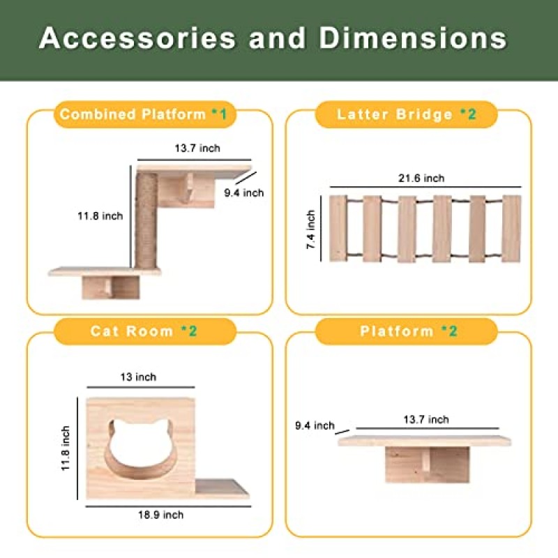 고양이 벽 선반 및 농어 세트, 고양이 벽 계단 장착형 고양이 선반 및 등산 선반, 고양이 집 2개, 벽 선반 4개, 사다리 2개, 사이잘삼 고양이 긁는 기둥 1개