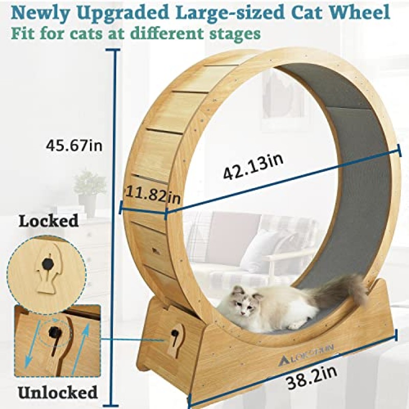 Lokshun 고양이 바퀴, 잠금 핀이 있는 고양이 운동 바퀴, 카펫이 깔린 활주로가 있는 뛰어난 체중 감량 고양이 바퀴, 무소음 롤러가 있는 대형 고양이 운동 바퀴, 42인치 대형, 고양이 티저 스틱 포함