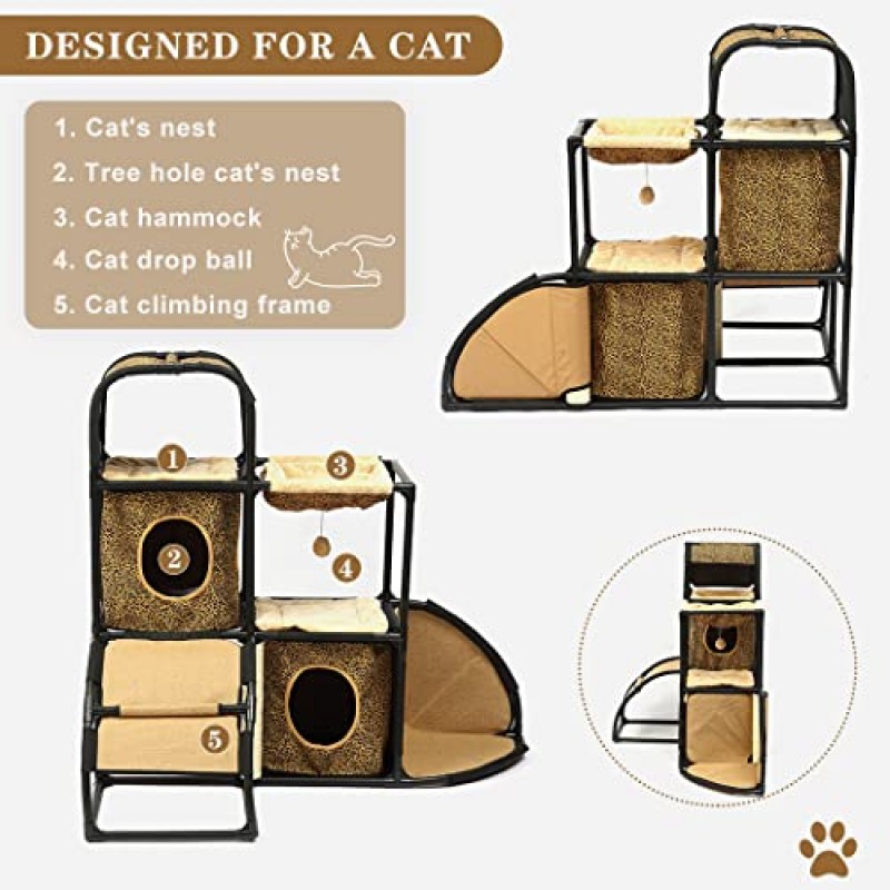 BORUIMA 실내 고양이용 고양이 집 고양이 침대 큐브, 엿보기 구멍, 긁는 기둥 및 매달린 장난감(대형 표범)과 결합된 타워 하우스